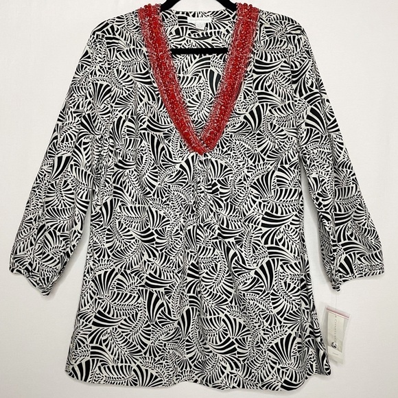 Charter Club 16 Beaded Neckline Printed Longline Shirt Blouse NEW - Picture 1 of 12